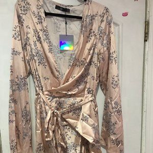 NEW MISSGUIDED Tall Pink Floral Satin Wrap Dress
